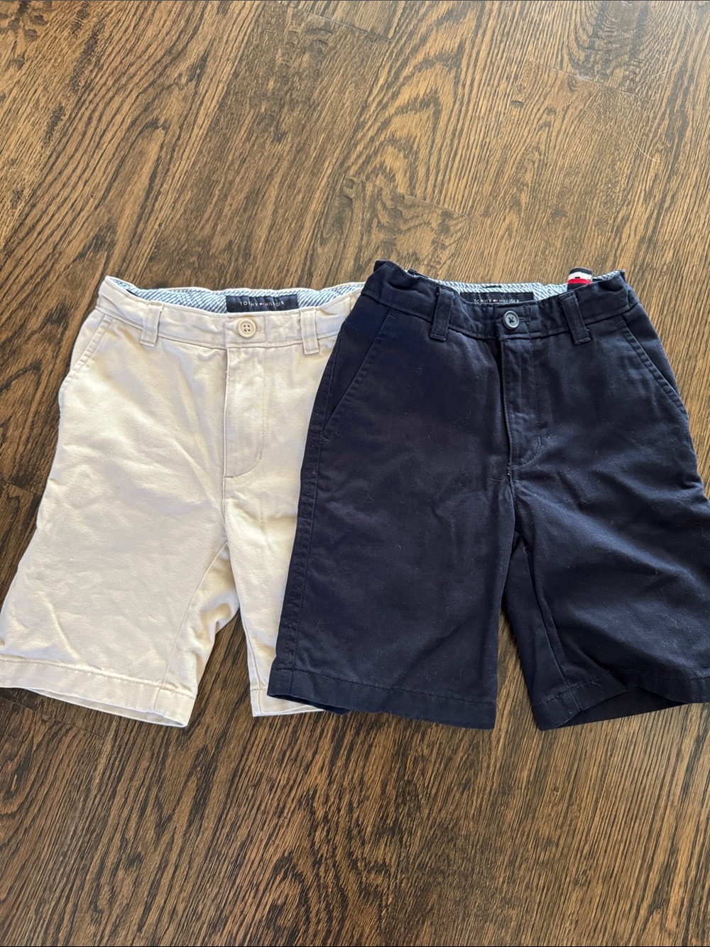 Navy and tan school uniform shorts